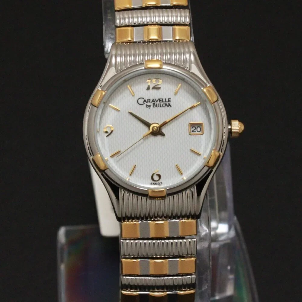 Caravelle Ladies Classic Design Watch By Bulova Two Tone Expansion Bracelet 23mm